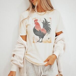 Rooster Vintage Graphic Tee Rustic Farmhouse Print Natural